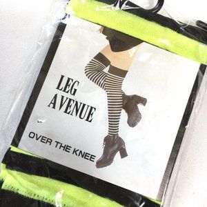 * Leg Ave #6005 Thigh High Neon Yellow Blk Nylon Stripe Stockings NWT NOS